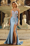 Vestido de Baile de Finalistas Cinzento-Azul-Azul, Espartilho Aplicado, Espartilho Com Missangas e Fenda