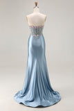 Vestido de Baile de Finalistas Cinzento-Azul-Azul, Espartilho Aplicado, Espartilho Com Missangas e Fenda