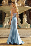 Vestido de Baile de Finalistas Cinzento-Azul-Azul, Espartilho Aplicado, Espartilho Com Missangas e Fenda
