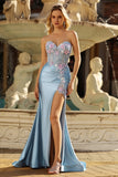 Vestido de Baile de Finalistas Cinzento-Azul-Azul, Espartilho Aplicado, Espartilho Com Missangas e Fenda