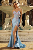 Vestido de Baile de Finalistas Cinzento-Azul-Azul, Espartilho Aplicado, Espartilho Com Missangas e Fenda