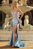 Vestido de Baile de Finalistas Cinzento-Azul-Azul, Espartilho Aplicado, Espartilho Com Missangas e Fenda