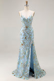 Espartilho azul Mermaid Lake com renda nas costas, vestido longo de lantejoulas com fenda
