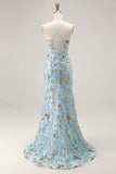 Espartilho azul Mermaid Lake com renda nas costas, vestido longo de lantejoulas com fenda
