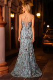Espartilho azul Mermaid Lake com renda nas costas, vestido longo de lantejoulas com fenda