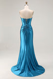Royal Blue Strapless Ruched Corset Sereia frisado vestido longo baile de formatura com fenda