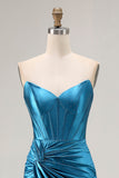 Royal Blue Strapless Ruched Corset Sereia frisado vestido longo baile de formatura com fenda