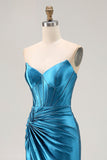 Royal Blue Strapless Ruched Corset Sereia frisado vestido longo baile de formatura com fenda