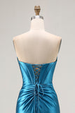 Royal Blue Strapless Ruched Corset Sereia frisado vestido longo baile de formatura com fenda