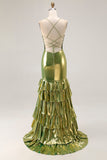 Dourado Metálico Sereia Tiered Tie Back Long Prom Dress With Slit