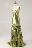 Dourado Metálico Sereia Tiered Tie Back Long Prom Dress With Slit