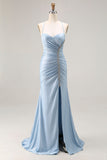 Azul claro Ruched Sereia Renda Up Back Long Prom Dress With Slit