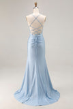 Azul claro Ruched Sereia Renda Up Back Long Prom Dress With Slit