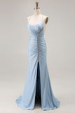Azul claro Ruched Sereia Renda Up Back Long Prom Dress With Slit