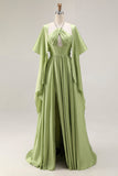 Vestido longo de baile de finalistas de cetim em forma de olho de fechadura verde sálvia com mangas curtas