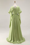 Vestido longo de baile de finalistas de cetim em forma de olho de fechadura verde sálvia com mangas curtas