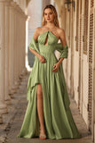 Vestido longo de baile de finalistas de cetim em forma de olho de fechadura verde sálvia com mangas curtas