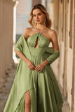 Vestido longo de baile de finalistas de cetim em forma de olho de fechadura verde sálvia com mangas curtas