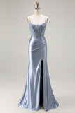 Espartilho de sereia cinzenta-azul-azuis, vestido comprido plissado e fenda