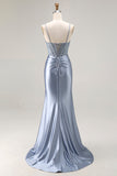 Espartilho de sereia cinzenta-azul-azuis, vestido comprido plissado e fenda
