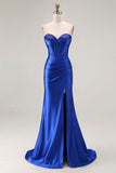 Royal Blue Strapless Beaded Corset Sereia plissado longo vestido de baile com fenda