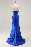 Royal Blue Strapless Beaded Corset Sereia plissado longo vestido de baile com fenda