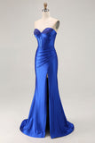 Royal Blue Strapless Beaded Corset Sereia plissado longo vestido de baile com fenda