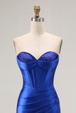 Royal Blue Strapless Beaded Corset Sereia plissado longo vestido de baile com fenda