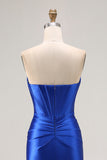 Royal Blue Strapless Beaded Corset Sereia plissado longo vestido de baile com fenda