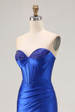 Royal Blue Strapless Beaded Corset Sereia plissado longo vestido de baile com fenda