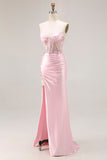 Rosa Strapless Sereia Corset Appliqued Sequin Long Prom Dress With Slit