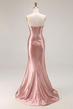 Espartilho de Sereia com contas e alças em rosa poeirenta vestido comprido de baile com fenda