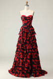 Flor Vermelha Preta Uma Linha Querida Corset Tiered Long Prom Dress com Fenda