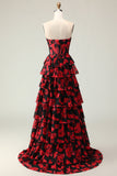 Flor Vermelha Preta Uma Linha Querida Corset Tiered Long Prom Dress com Fenda