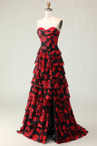 Flor Vermelha Preta Uma Linha Querida Corset Tiered Long Prom Dress com Fenda