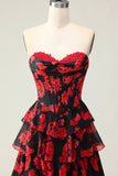 Flor Vermelha Preta Uma Linha Querida Corset Tiered Long Prom Dress com Fenda