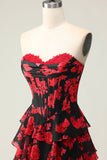 Flor Vermelha Preta Uma Linha Querida Corset Tiered Long Prom Dress com Fenda