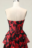 Flor Vermelha Preta Uma Linha Querida Corset Tiered Long Prom Dress com Fenda