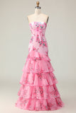 Flor Rosa Strapless Tiered Sereia Long Prom Dress com Folhos