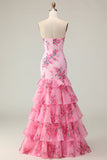 Flor Rosa Strapless Tiered Sereia Long Prom Dress com Folhos