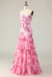 Flor Rosa Strapless Tiered Sereia Long Prom Dress com Folhos