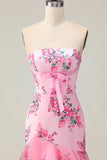 Flor Rosa Strapless Tiered Sereia Long Prom Dress com Folhos