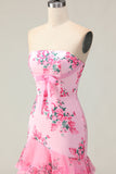Flor Rosa Strapless Tiered Sereia Long Prom Dress com Folhos