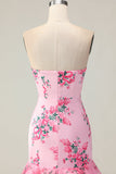 Flor Rosa Strapless Tiered Sereia Long Prom Dress com Folhos