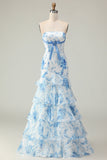 Flor Rosa Strapless Tiered Sereia Long Prom Dress com Folhos