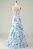Flor Rosa Strapless Tiered Sereia Long Prom Dress com Folhos