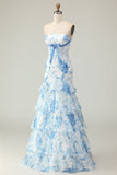 Flor Rosa Strapless Tiered Sereia Long Prom Dress com Folhos