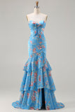 Vestido de baile longo com folhos e sereia floral azul com folhos e abertura
