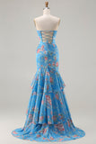 Vestido de baile longo com folhos e sereia floral azul com folhos e abertura