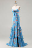 Vestido de baile longo com folhos e sereia floral azul com folhos e abertura